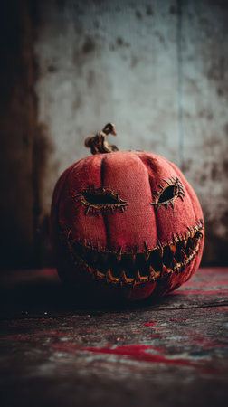 This creative pumpkin has a stitched face with a mischievous grin. It is set against a rustic background capturing Halloween spirit perfectly.の素材