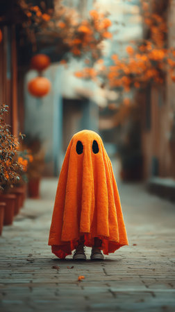 In a festive Halloween scene a playful ghost draped in an orange blanket strolls through a scenic alley filled with autumn colors.の素材
