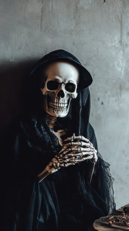A spooky skeleton dressed in a black cloak sits quietly against a textured wall embodying the essence of Halloween festivities and mystery.の素材