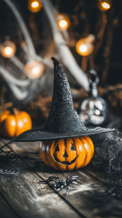 A cheerful pumpkin wears a sparkling witch hat set against spooky decor with glowing lights and cobwebs creating a festive Halloween scene.の素材