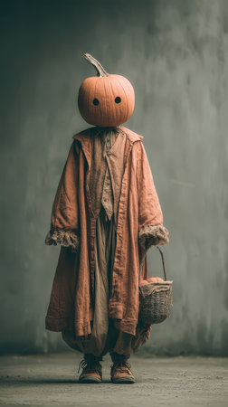 A mysterious figure with a pumpkin for a head stands quietly in a dimly lit setting wearing an old coat and holding a basket.の素材