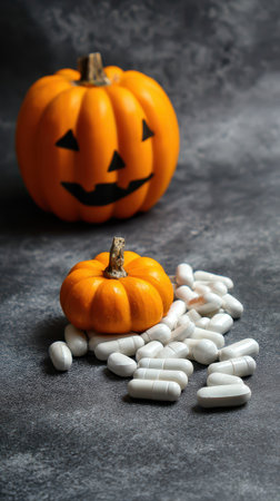 Festive Halloween scene featuring a carved pumpkin next to a smaller pumpkin and scattered white candies for a spooky touch.の素材