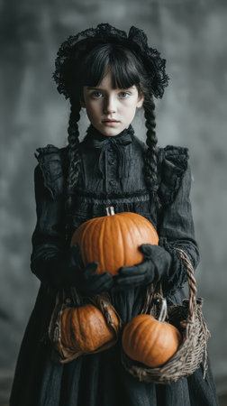 A child dressed in a vintage black outfit stands solemnly cradling several pumpkins in her arms. Spooky vibes fill the scene perfect for Halloween.の素材