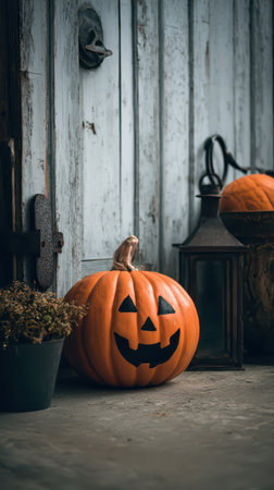 A carved jack o lantern sits proudly on a rustic surface surrounded by autumn decor. Soft light casts a warm glow evoking Halloween spirit.の素材