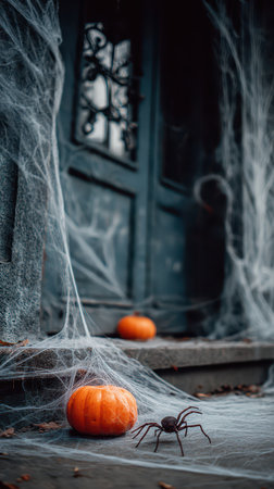 Cobwebs drape over a porch with pumpkins resting on the steps as a spider creeps nearby. A chilling Halloween vibe fills the air.の素材