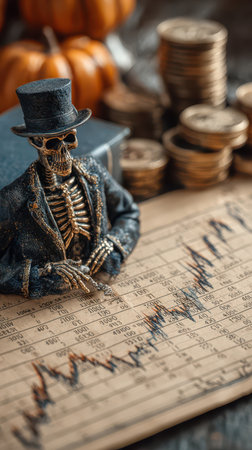A skeleton in a fancy suit sits by graphs pumpkins and coins blending Halloween spirit with a curious twist on finance.の素材