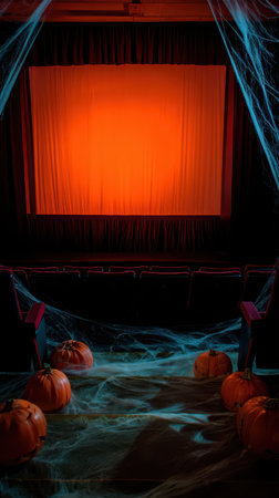 A haunted theater is adorned with orange lights and pumpkins. Cobwebs hang in the air creating a spooky atmosphere for Halloween festivities.の素材