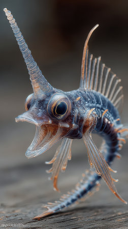 A quirky fish with a long horn and striking features swims around embodying the spirit of Halloween with its imaginative and unusual look.の素材