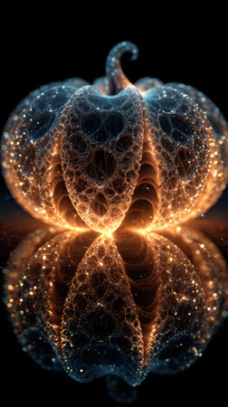 A bright glittering pumpkin beams with light reflecting beautifully on a dark surface. Its the perfect centerpiece for Halloween celebrations.の素材