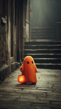 A playful orange ghost stands in a dimly lit alley holding a glowing lantern. The scene captures the spirit of Halloweens fun and mystery.の素材