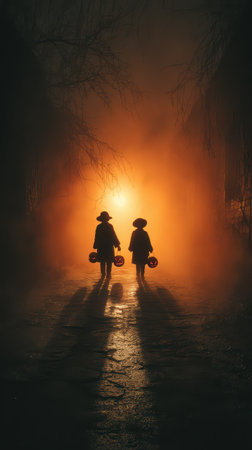 Two children dressed for Halloween stroll down a foggy path holding pumpkin buckets and enjoying the spooky atmosphere.の素材