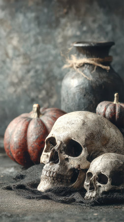 A haunting setup featuring skulls decorative pumpkins and an ancient jar setting the mood for Halloween festivities in a dimly lit setting.の素材