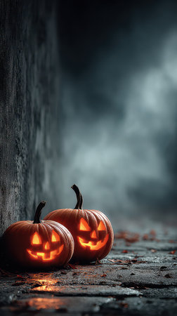 Two carved pumpkins with cheerful faces shine brightly in the dark while fog surrounds them creating a spooky Halloween atmosphere.の素材