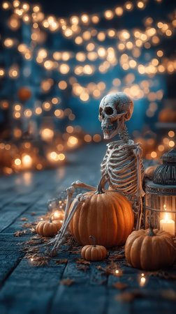 A skeleton sits among glowing pumpkins and soft lights creating a charming Halloween scene on a wooden floor at night.の素材
