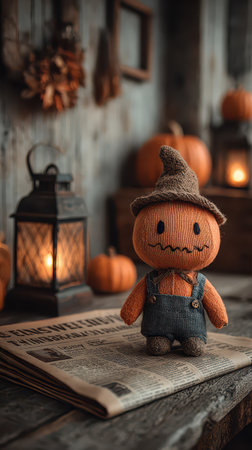 A cute scarecrow figure with an orange shirt and brown hat sits on a stack of newspapers beside glowing lanterns and pumpkins celebrating Halloween.の素材