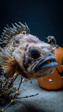 A strange fish floats near a carved pumpkin surrounded by festive lights and eerie decorations creating a spooky Halloween atmosphere.の素材