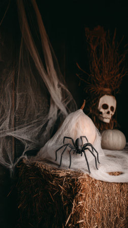 A creative Halloween display featuring a spider white cobwebs and spooky decor like a skull and pumpkins.の素材