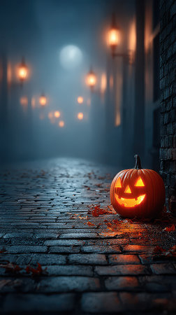 A carved pumpkin illuminates a misty street surrounded by dim lanterns and fallen leaves. The eerie glow sets a festive atmosphere.の素材