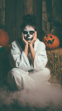 A girl in a white robe sits among pumpkins showing off spooky face paint. Surrounded by hay and fog she embodies Halloween vibes.の素材