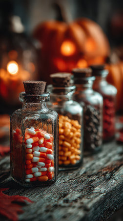 Brightly colored jars filled with candy sit on a weathered table. Nearby a carved pumpkin glows softly enhancing the festive Halloween atmosphere.の素材