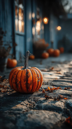 A bright orange pumpkin rests on a cobblestone path as dusk settles. The soft glow from nearby windows adds to the cozy Halloween atmosphere.の素材
