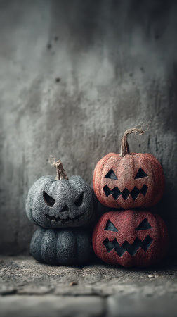 Two spooky pumpkins one grey and one orange sit stacked on a rustic surface. They have jagged faces and eerie expressions perfect for Halloween.の素材