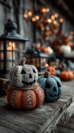 Vibrant decorative pumpkins in various colors sit on a wooden table among glowing lanterns capturing the spirit of Halloween festivities.の素材