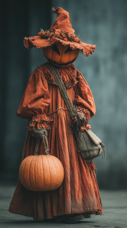 A whimsical figure in an orange dress and a pumpkin head stands proudly holding a basket and a carved pumpkin perfect for Halloween delight.の素材