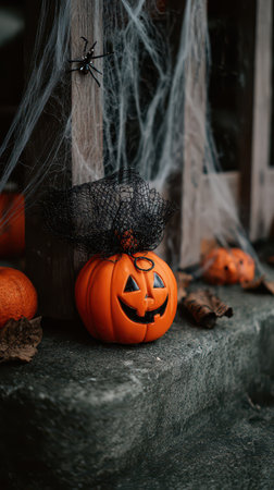 Halloween decorations feature a carved pumpkin with a spooky face surrounded by cobwebs and autumn leaves on a weathered stone porch.の素材