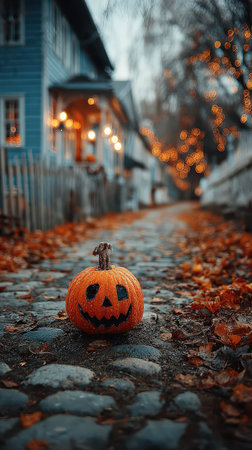 A carved pumpkin on a cobblestone path surrounded by autumn leaves and a cozy glowing house captures Halloween magic.の素材