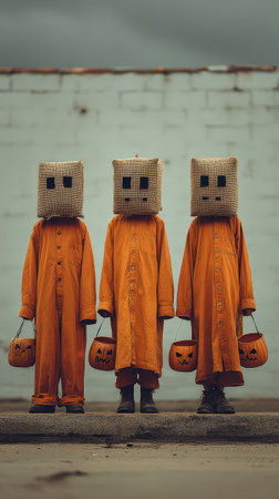 Three children dressed in orange outfits stand together each holding a pumpkin bucket ready to celebrate Halloween in a spooky setting.の素材
