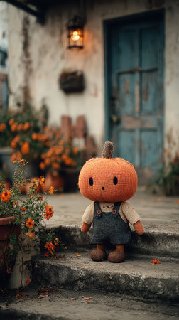 A charming doll with a pumpkin head stands on steps surrounded by vibrant flowers capturing the spirit of Halloween in a cozy setting.の素材