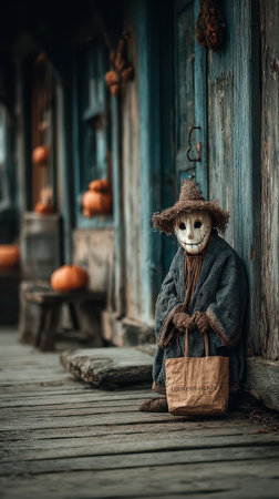 A scarecrow with a unique mask stands on a wooden porch holding a bag. Around it pumpkins add to the festive Halloween atmosphere.の素材