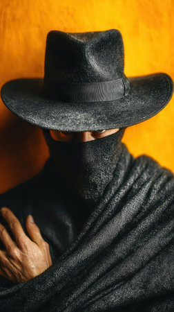 A mysterious figure cloaked in dark fabric stands against a bright orange backdrop. The atmosphere captures the essence of Halloween with intrigue.の素材