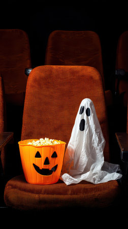 Orange pumpkin bucket filled with popcorn sits beside a playful ghost decoration in a dark movie theater during Halloween night festivities.の素材