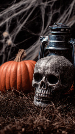 In a spooky setup a skull rests beside a glowing lantern and vibrant pumpkins all surrounded by dark tangled webs creating an eerie atmosphere.の素材