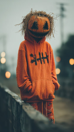 A pumpkin headed figure stands quietly at dusk wearing an orange hoodie and patterned pants. The spooky atmosphere captures the essence of Halloween.の素材