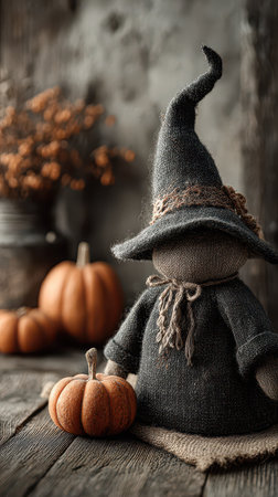 A charming witch doll wearing a dark hat sits next to small pumpkins on a rustic wooden table capturing the spirit of Halloween.の素材