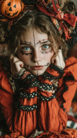 A young girl with vivid blue eyes dresses as a scarecrow for Halloween donning a colorful and detailed costume for a festive look.の素材