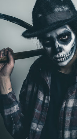 A person wears an elaborate skull face paint holding a wooden tool. The spooky costume adds mystery enhancing the Halloween atmosphere.の素材