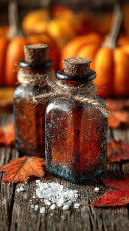 Two vintage glass bottles sit among colorful autumn leaves and small pumpkins creating a charming Halloween scene filled with magic.の素材
