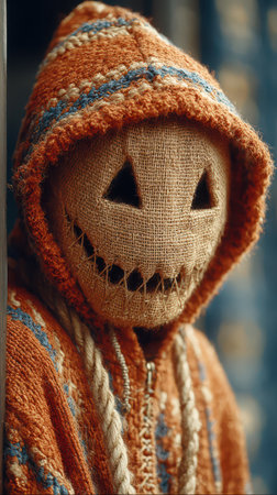 A scarecrow figure in an orange hooded sweater stands quietly adding an eerie vibe to the Halloween atmosphere as night approaches.の素材