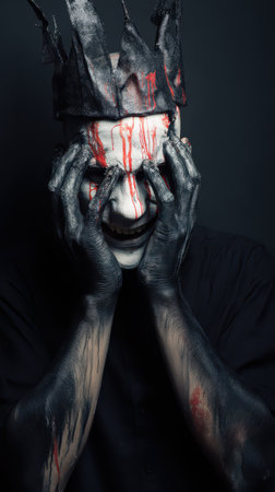 A spooky clown stands with hands on their face revealing chilling facial paint and a tattered crown.の素材