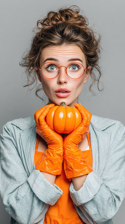 A young woman with curly hair wears bright orange gloves and holds a small pumpkin.の素材