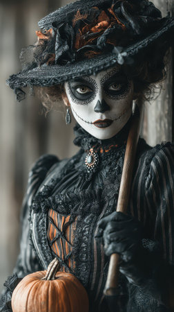A gothic figure in elegant attire stands outdoors holding a small pumpkin and a stick embracing the Halloween spirit with striking makeup.の素材