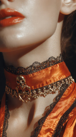 This striking Halloween accessory features a black lace and orange satin choker adorned with a skull charm perfect for spooky celebrations.の素材