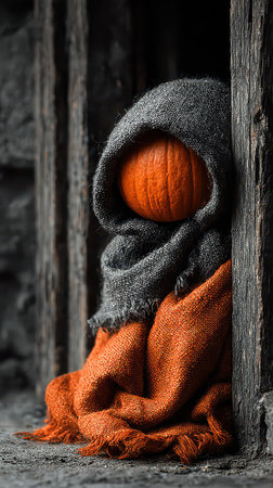 A charming pumpkin figure sits quietly wrapped in a warm blanket and scarf capturing the essence of Halloween spirit at dusk.の素材