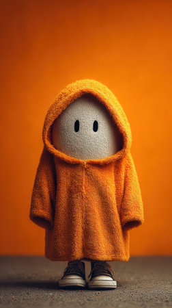 A charming ghost figure dressed in a fluffy orange hoodie stands against a bright background evoking a fun Halloween atmosphere.の素材