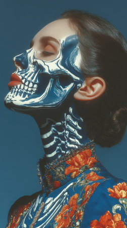 A woman showcases stunning skull makeup for Halloween. The intricate design contrasts beautifully with her vibrant outfit highlighting creativity.の素材