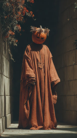 A mysterious figure dressed in an orange robe with a pumpkin for a head strolls down a shadowy cobblestone path surrounded by stone walls.の素材